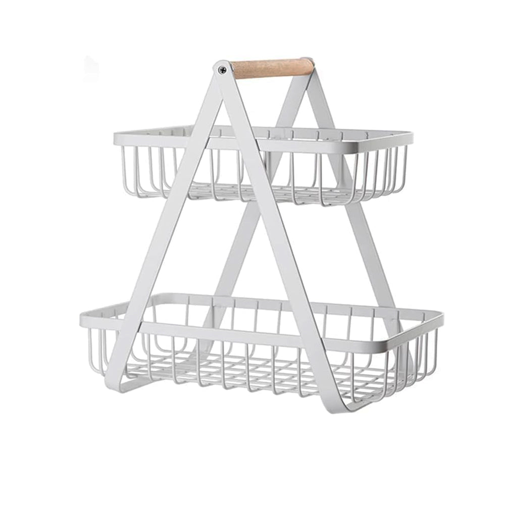 White 2-tier metal fruit basket with a modern design, featuring sturdy metal construction and ample space for organizing and displaying fruits elegantly.