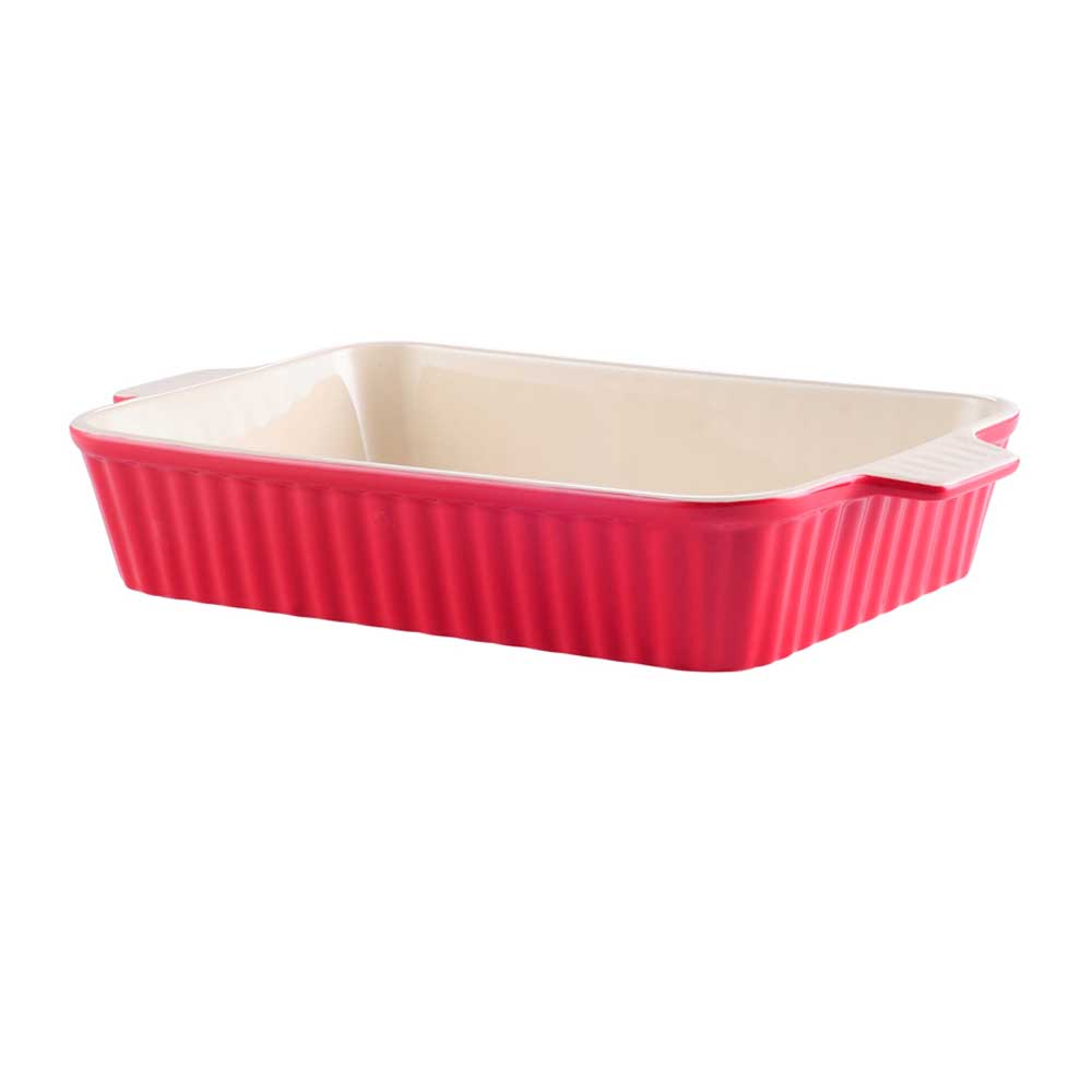 Set of 4 pink 3 qt baking dishes, ideal for baking and serving a variety of dishes.