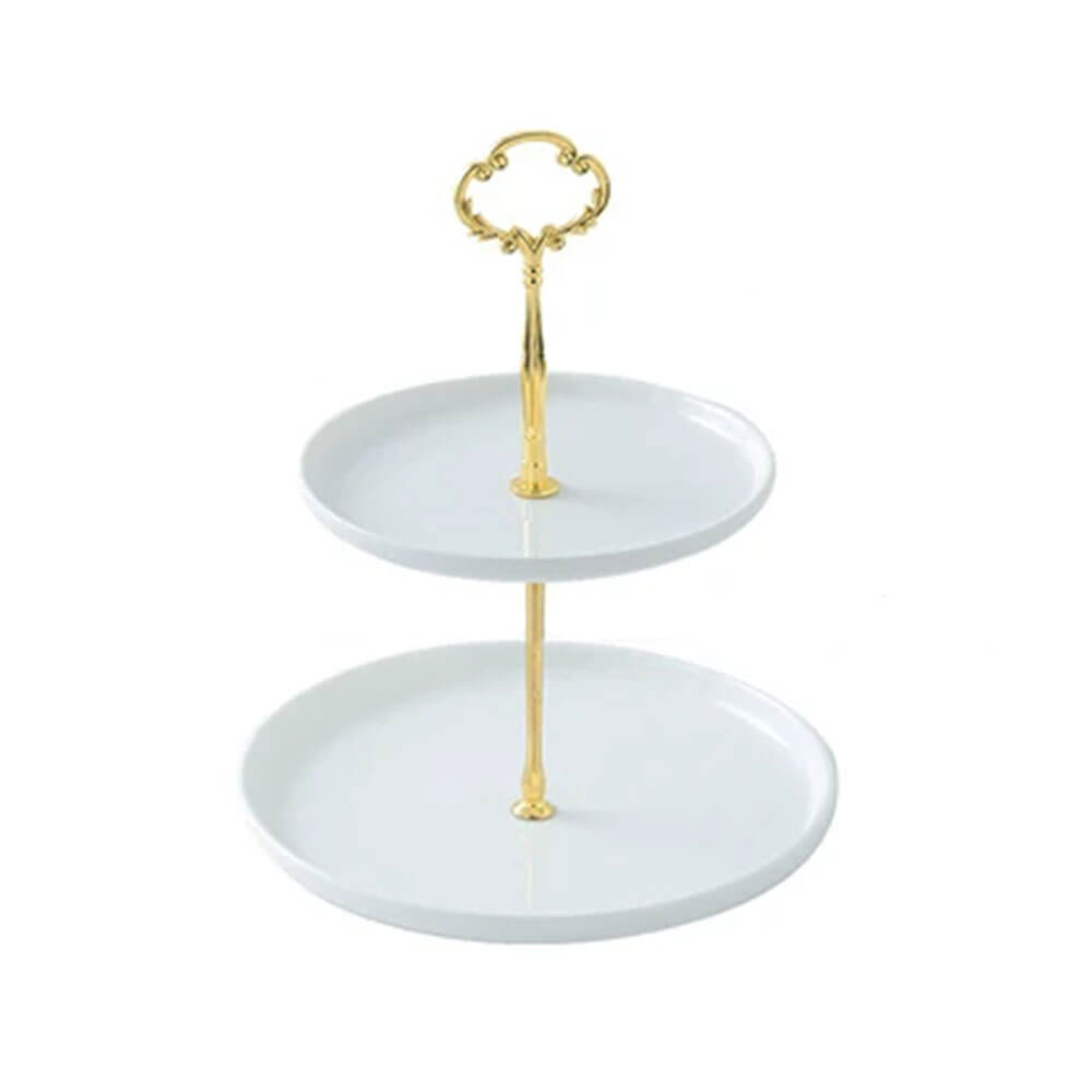 A beautiful 2-tier ceramic server with sleek white plates and a luxurious gold-tone stand. The tiers are perfectly sized to showcase appetizers, desserts, or snacks while adding elegance to any occasion. The decorative handle at the top provides easy portability, making it both stylish and functional.