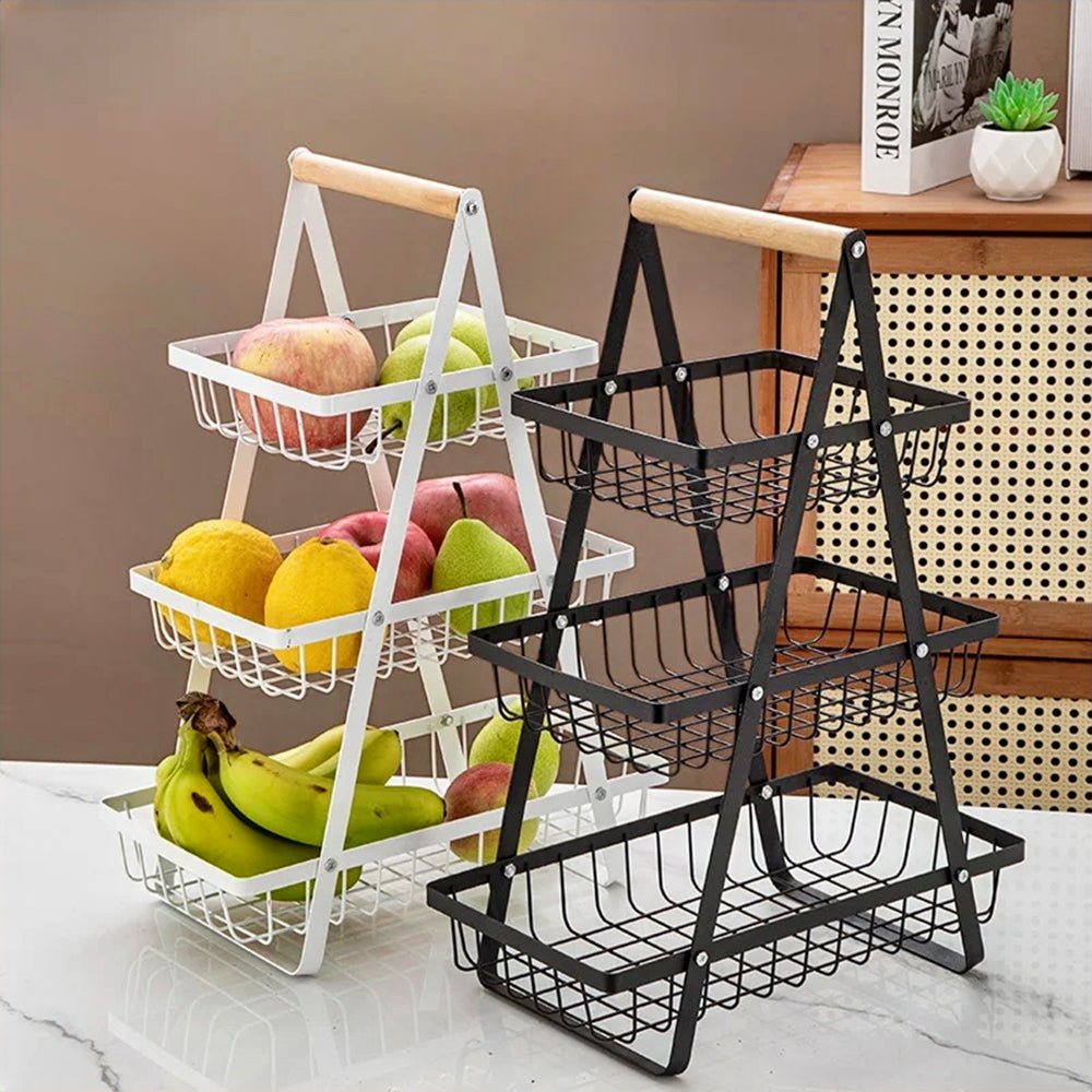 3-tier fruit basket stand with a modern design and sturdy metal construction for stylish display.