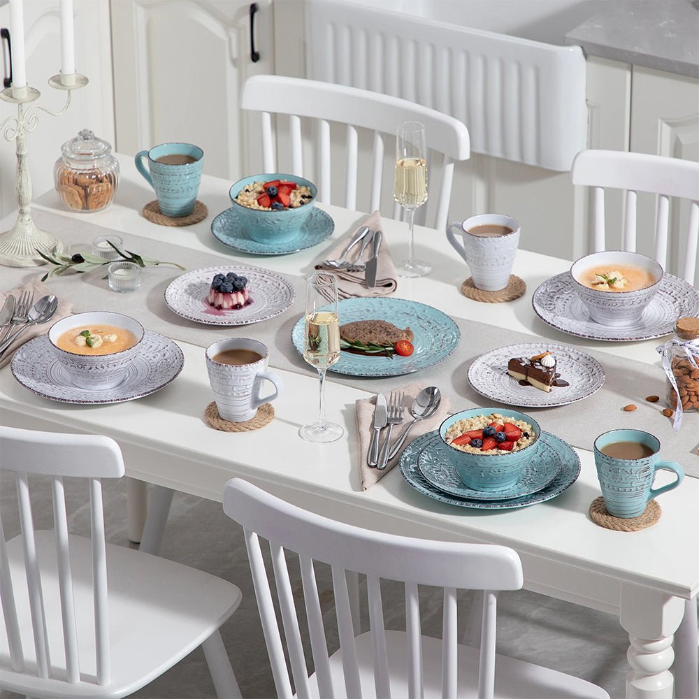 32-piece stoneware dinnerware set includes dinner plates, salad plates, mugs, and pasta or cereal bowls.