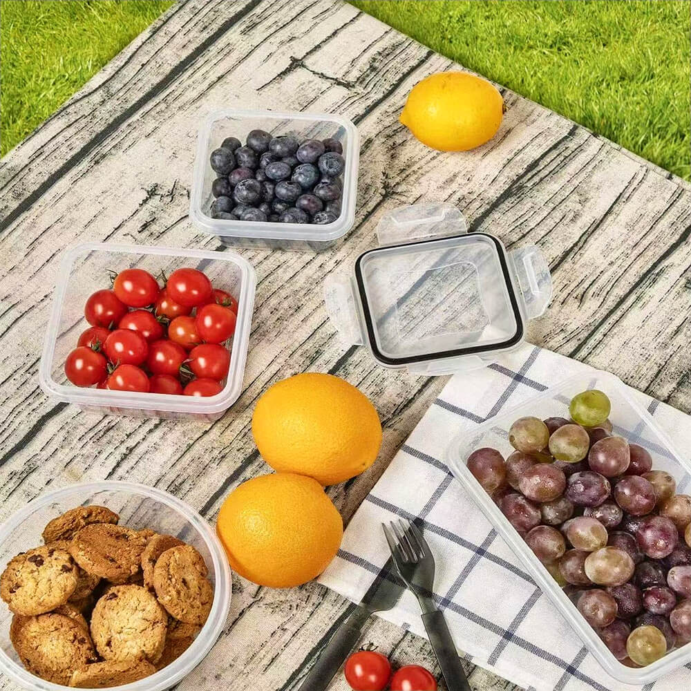 Airtight food storage container set filled with fruits and cookies, ideal for fresh storage at picnics or daily meal prep.