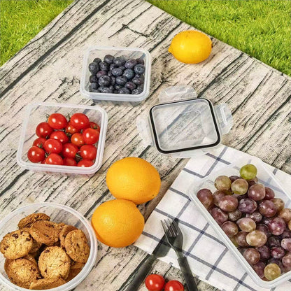 Airtight food storage container set filled with fruits and cookies, ideal for fresh storage at picnics or daily meal prep.