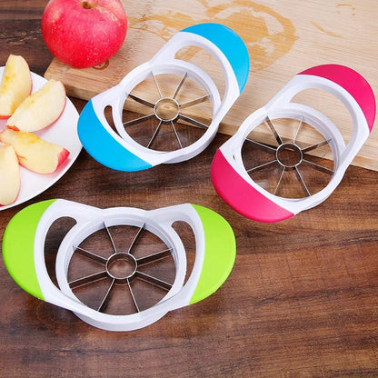 Three stainless steel apple corer peeler slicers with cushioned handles, designed to effortlessly core, peel, and slice apples into eight even wedges.