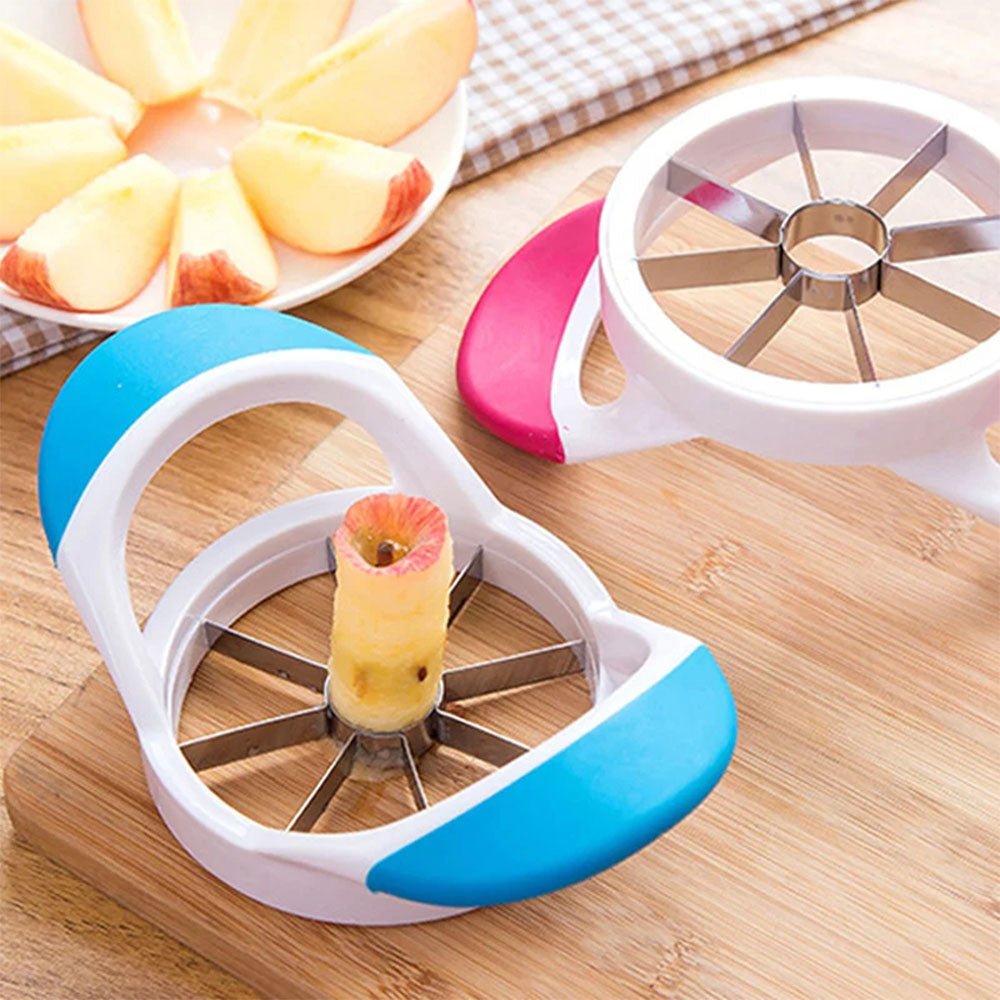 Two stainless steel apple peeler corer and slicers with cushioned handles, designed to slice apples into eight even wedges while easily removing the core.