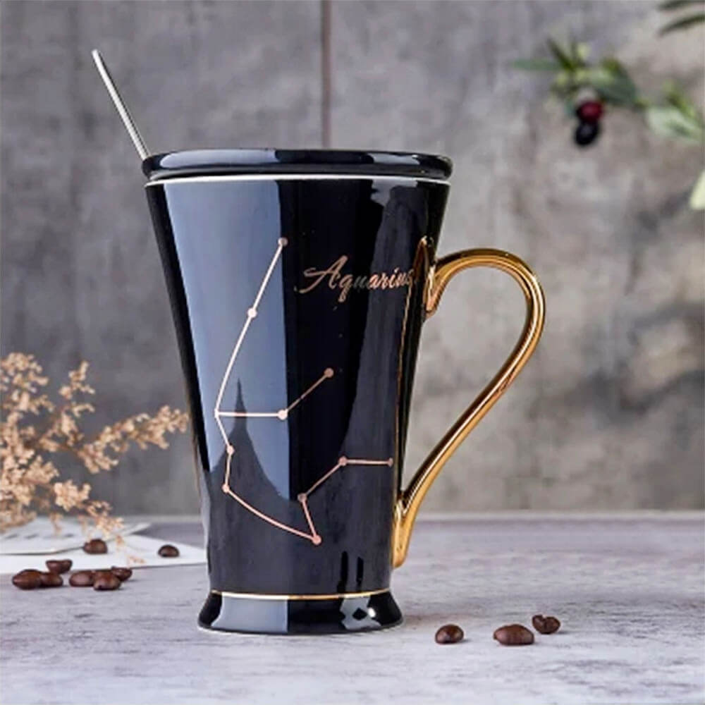 Elegant black Aquarius zodiac mug with a golden handle, featuring a minimalist Aquarius constellation design and script, perfect for astrology lovers.