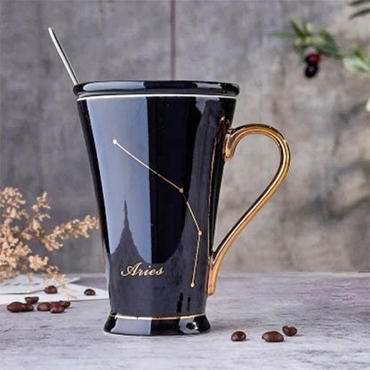 Chic black Aries zodiac mug with a sleek golden handle, featuring a delicate Aries constellation design and elegant script, ideal for astrology enthusiasts.