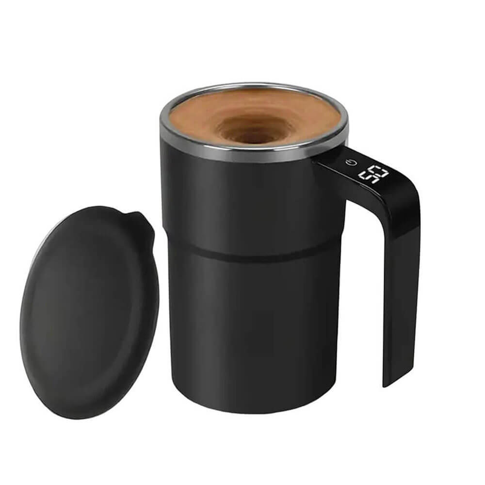 A black automatic stirring coffee mug with a sleek, modern design features an open lid, revealing a swirling beverage inside. The mug includes an LED temperature display integrated into the handle for precise heat monitoring. A matching black lid is placed beside the mug, completing its stylish and functional appearance.