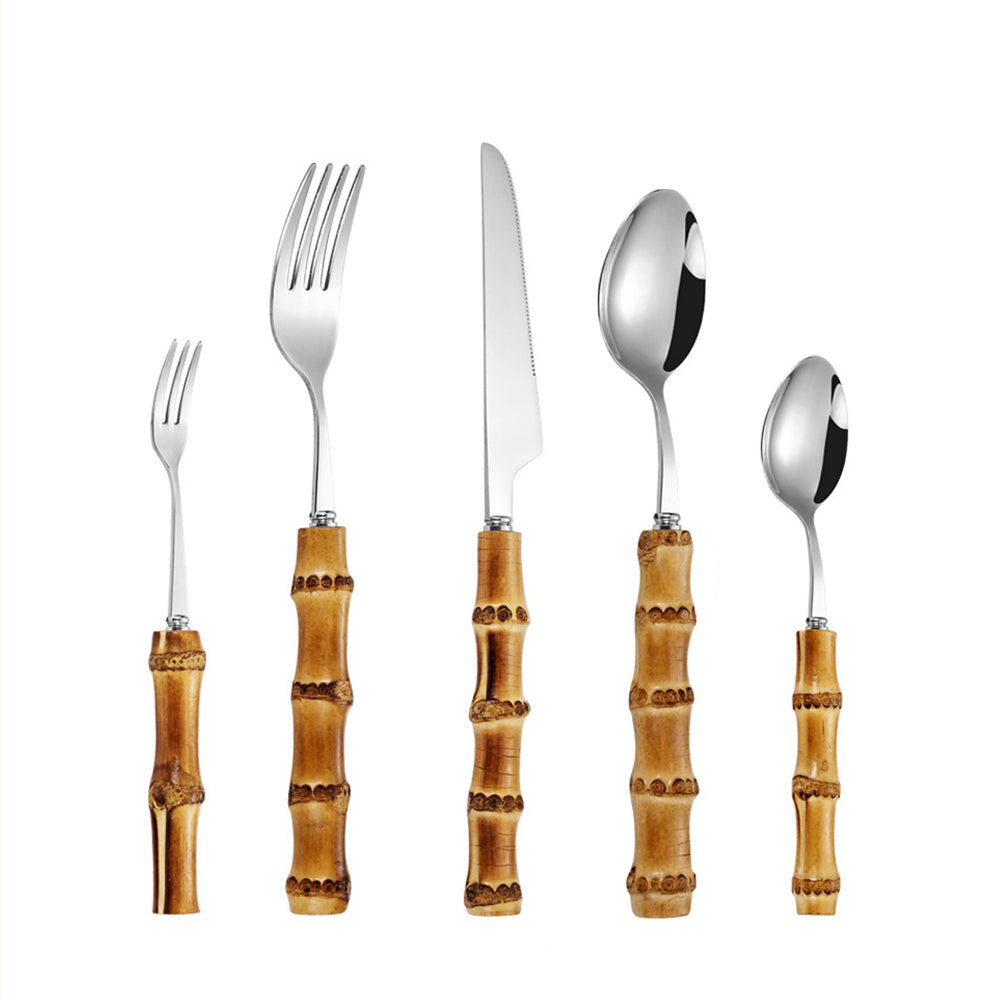 5-piece bamboo flatware, crafted with stainless steel and bamboo handles.