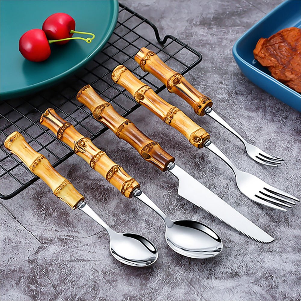 Bamboo stainless steel flatware, combining natural bamboo handles with durable stainless steel.