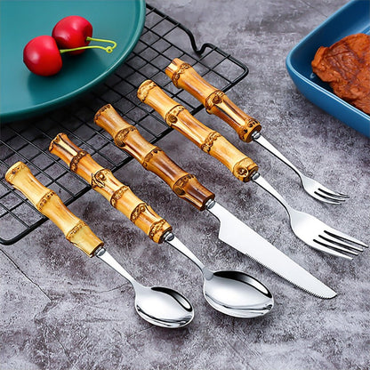 Bamboo stainless steel flatware, combining natural bamboo handles with durable stainless steel.