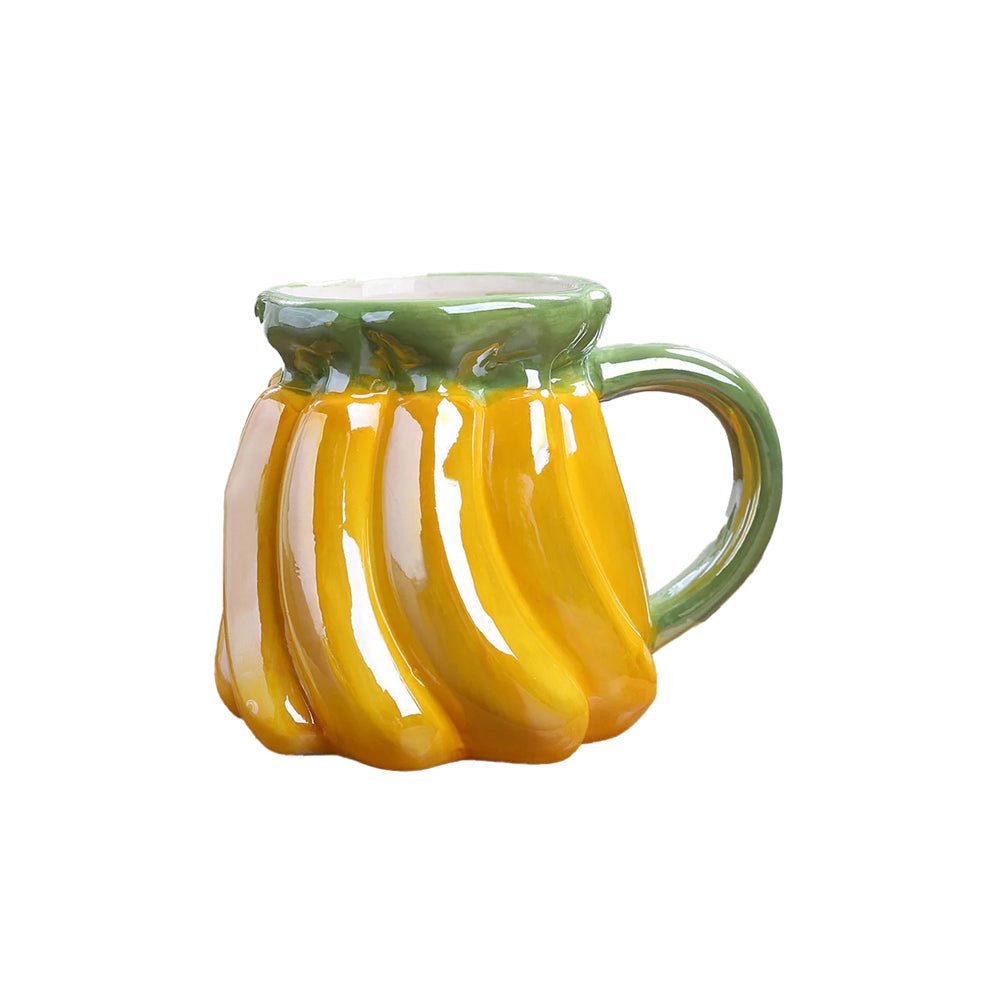 A banana-shaped mug with a vibrant design and ergonomic handle, made from premium ceramic.