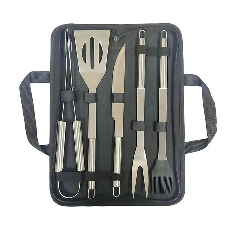 Stainless steel barbecue tool set including tongs, spatula, knife, fork, and basting brush, secured in a black zippered carrying case.