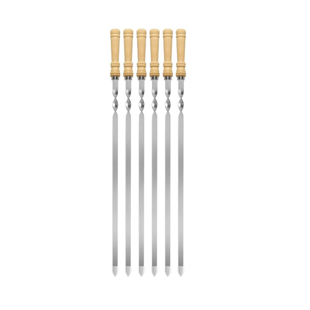 Set of six stainless steel barbeque skewers with wooden handles, perfect for grilling meat and vegetables evenly.