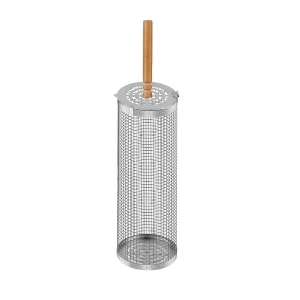 Cylindrical BBQ grill basket with metal mesh body and wooden handle, ideal for roasting nuts or small vegetables over flame.