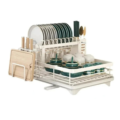 The best white dish drying rack that holds plates, bowls, cutlery, and a cutting board, with efficient drainage.