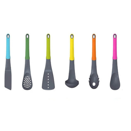 A colorful best kitchen utensil set with six tools: spatula, slotted spoon, slotted turner, ladle, pasta server, and solid spoon on a white background.