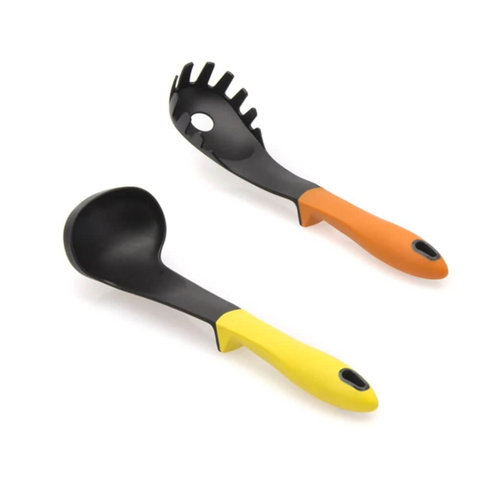 Two tools from the best kitchen utensils set, featuring a ladle with a yellow handle and a pasta server with an orange handle, on a white background.