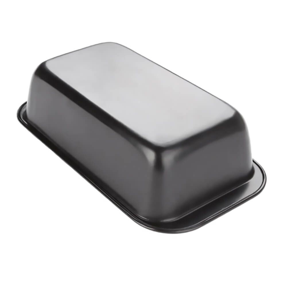 A black best nonstick loaf pan is shown upside down against a plain white background. It has a smooth, nonstick surface with slightly rounded edges and a sturdy design.