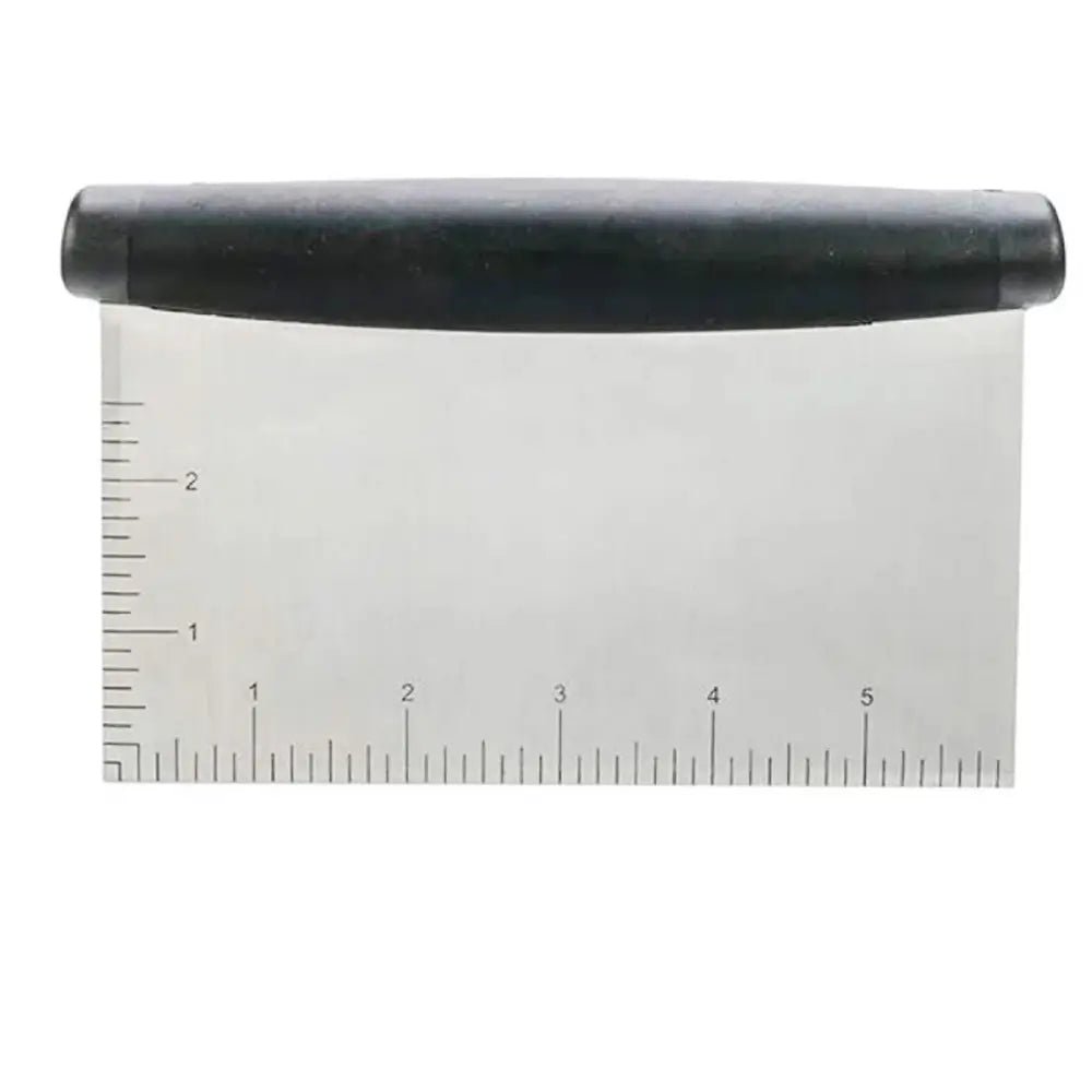 Pastry scraper with a black handle and a stainless steel blade featuring measurement markings along the bottom and side.