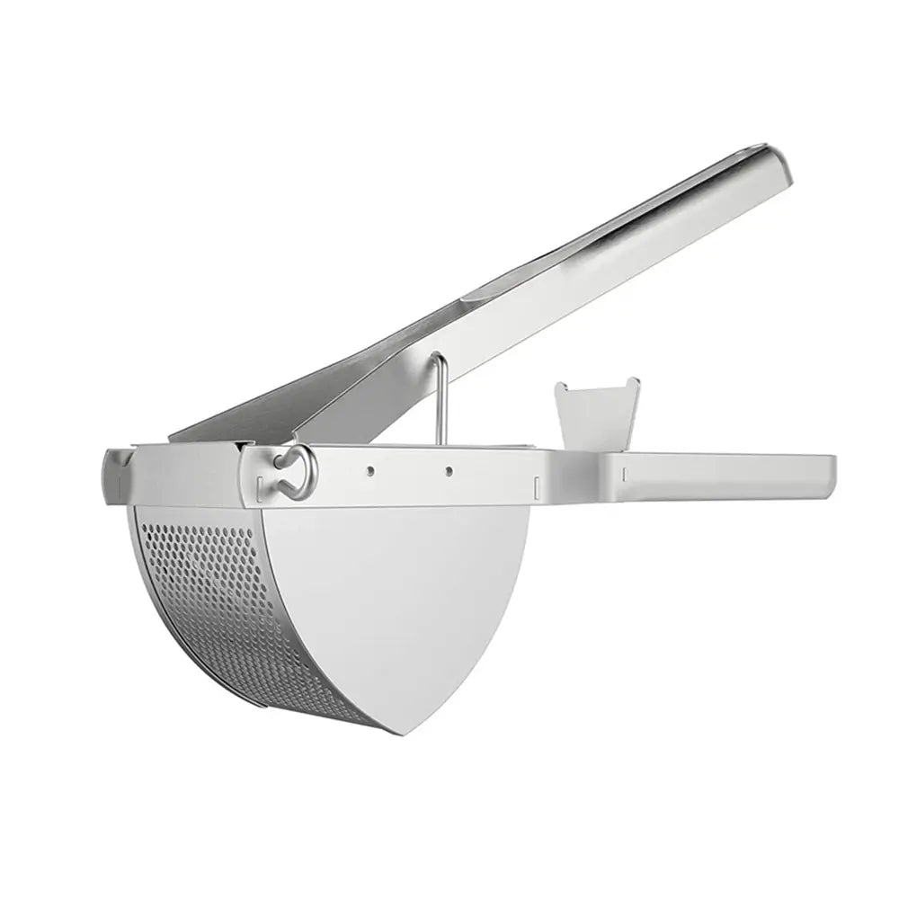 Stainless steel best potato masher with perforated basket, long handles, and removable pin design on white background.