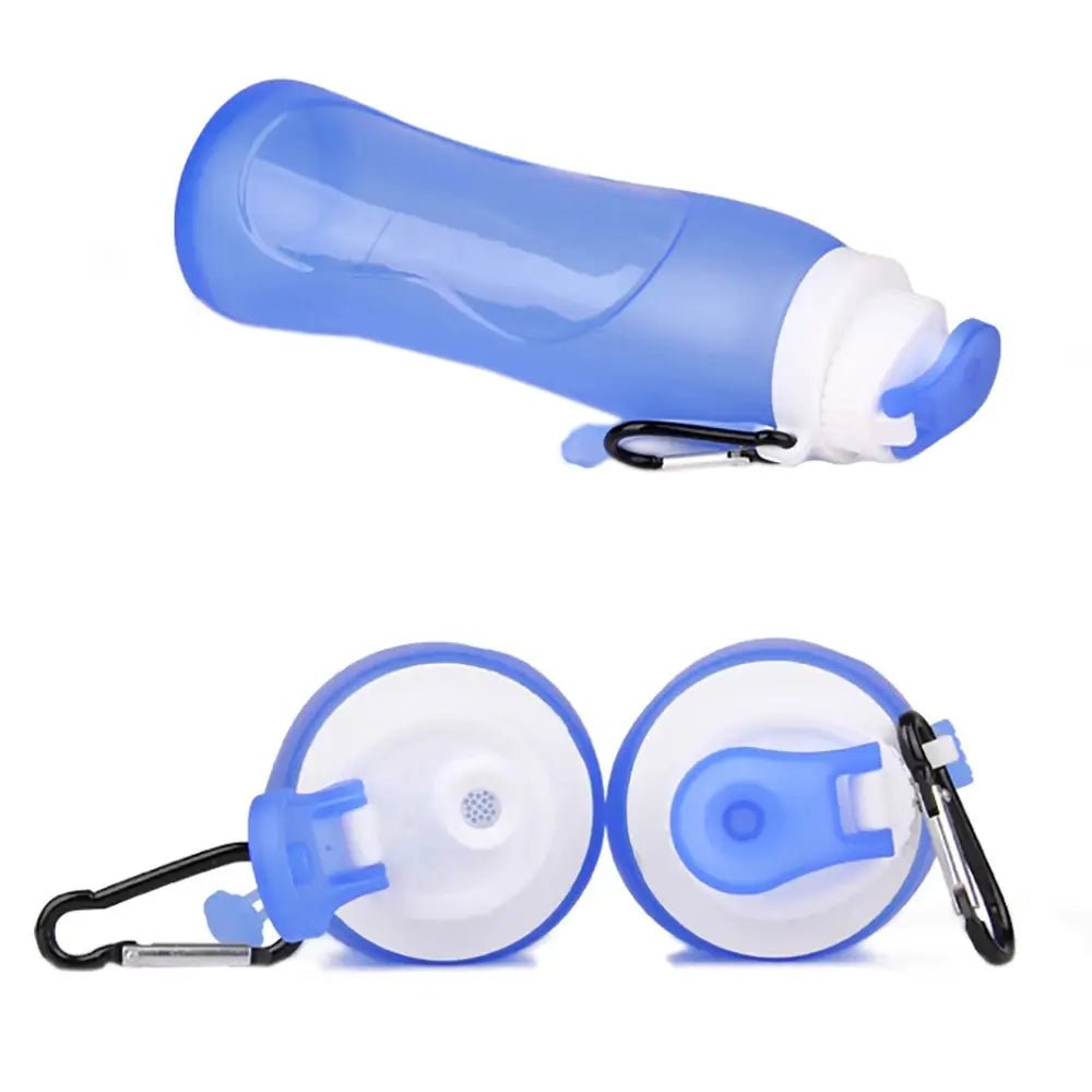 Blue silicone collapsible water bottle with white cap and carabiner, shown from side and top views to highlight foldable design.