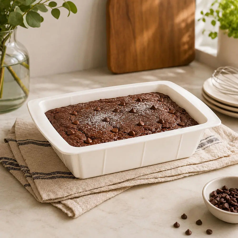 Best silicone loaf pan filled with baked chocolate cake on a kitchen countertop beside baking ingredients and utensils.