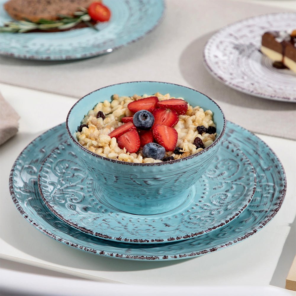 Best stoneware dinnerware sets include a dinner plate, salad plate, and pasta bowl with elegant design.