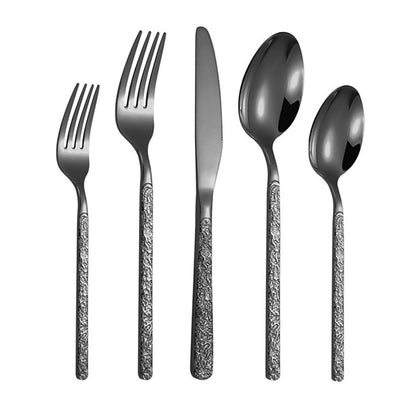 Black flatware, 5 pieces: dinner fork, salad fork, dinner knife, soup spoon, and teaspoon.