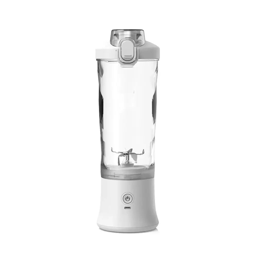 portable blender in white with clear cup and stainless steel blades on plain background.