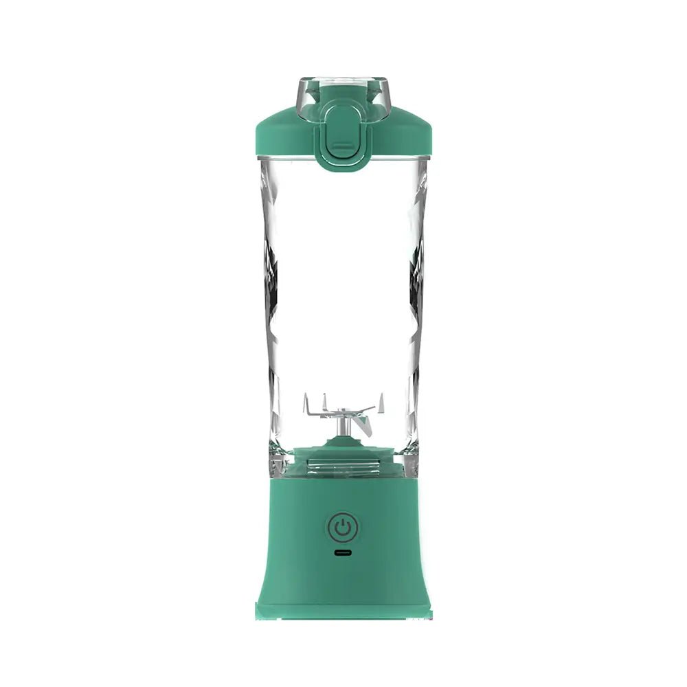 portable blender in green with clear cup and stainless steel blades, shown upright on white background.