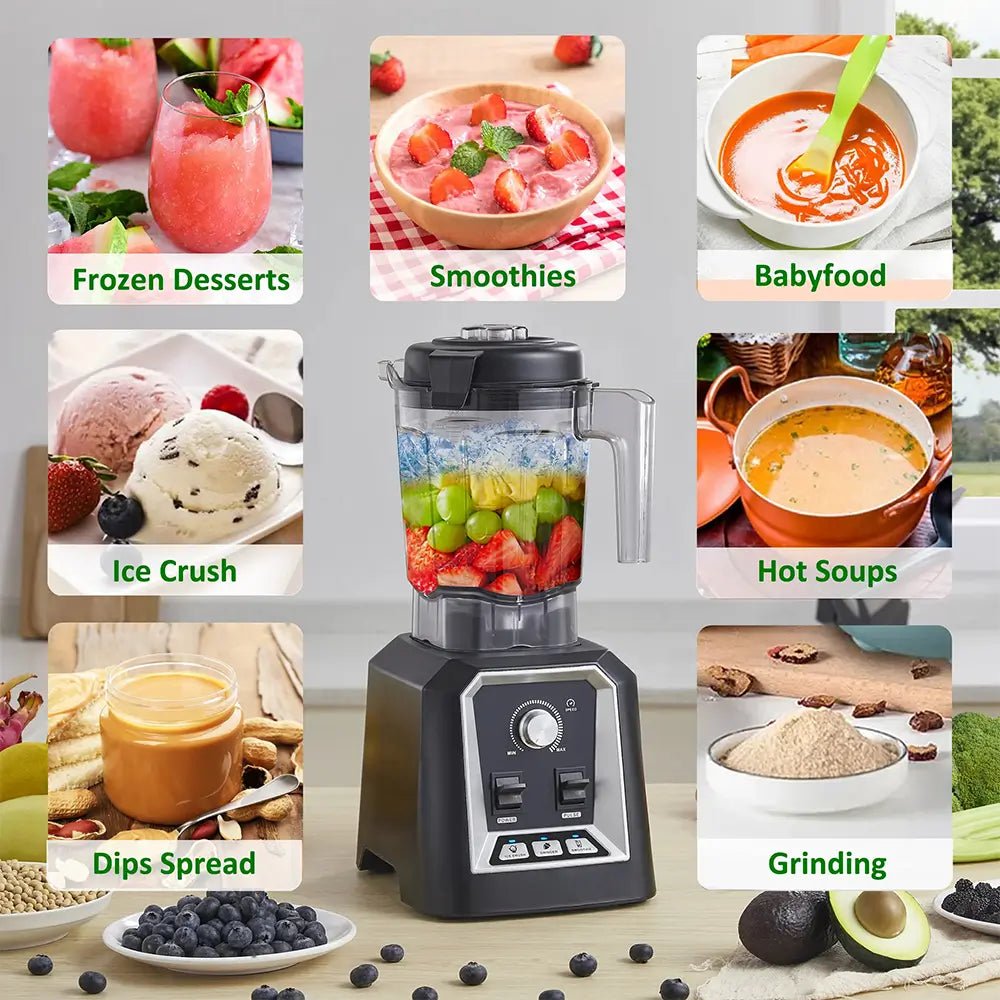 Blender surrounded by images of various food items with labels on a light background.