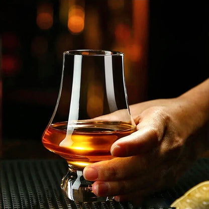 Elegant bourbon tasting glasses made from mouth-blown, lead-free crystal with an angular design and sparkling clarity.