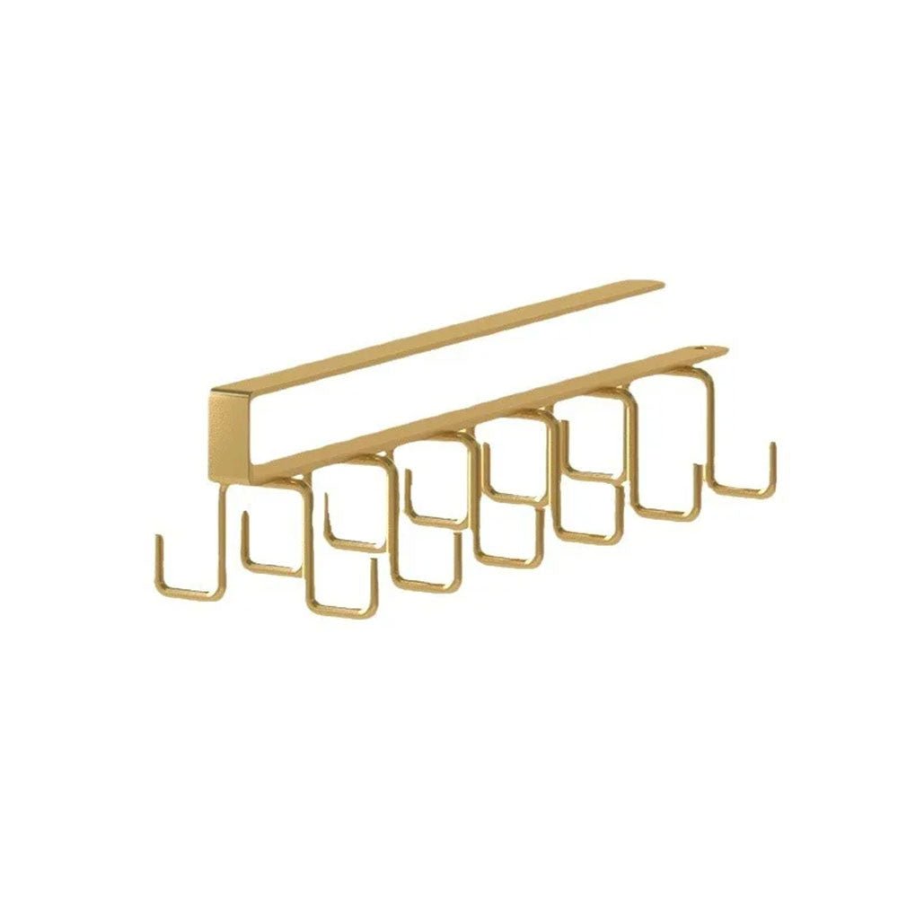 Minimalist gold cabinet rack with multiple hooks designed to hang mugs, utensils, or tools, offering an efficient and stylish storage solution for kitchen organization.