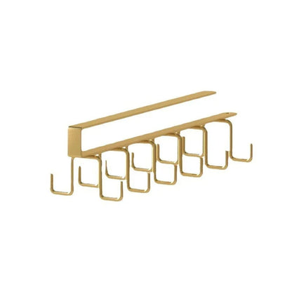 Minimalist gold cabinet rack with multiple hooks designed to hang mugs, utensils, or tools, offering an efficient and stylish storage solution for kitchen organization.