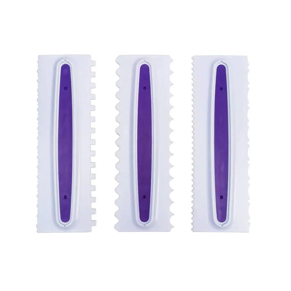 Three cake icing comb tools with white edges and purple grips, each featuring different serrated patterns for decorating cakes.