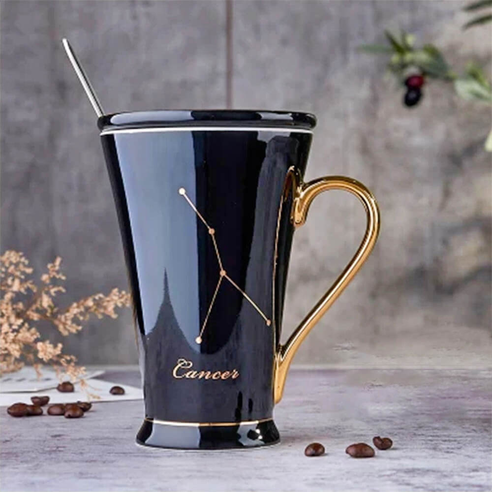 Stylish black Cancer zodiac mug with a luxurious golden handle, showcasing a refined Cancer constellation design and elegant lettering, perfect for astrology lovers.