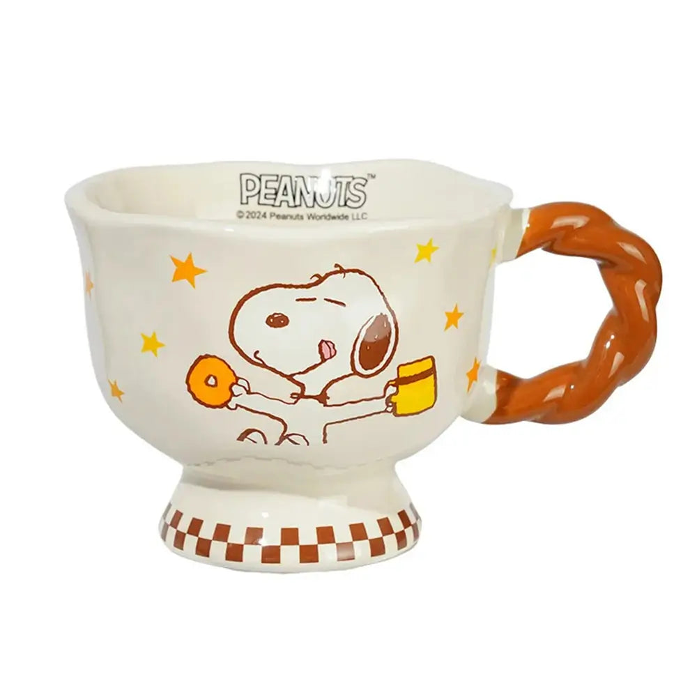 Cartoon coffee mug with a cartoon dog illustration, star pattern, twisted handle, and pedestal base on a white background.