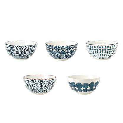 Five ceramic bowls with intricate blue designs are arranged together, showcasing their unique patterns.