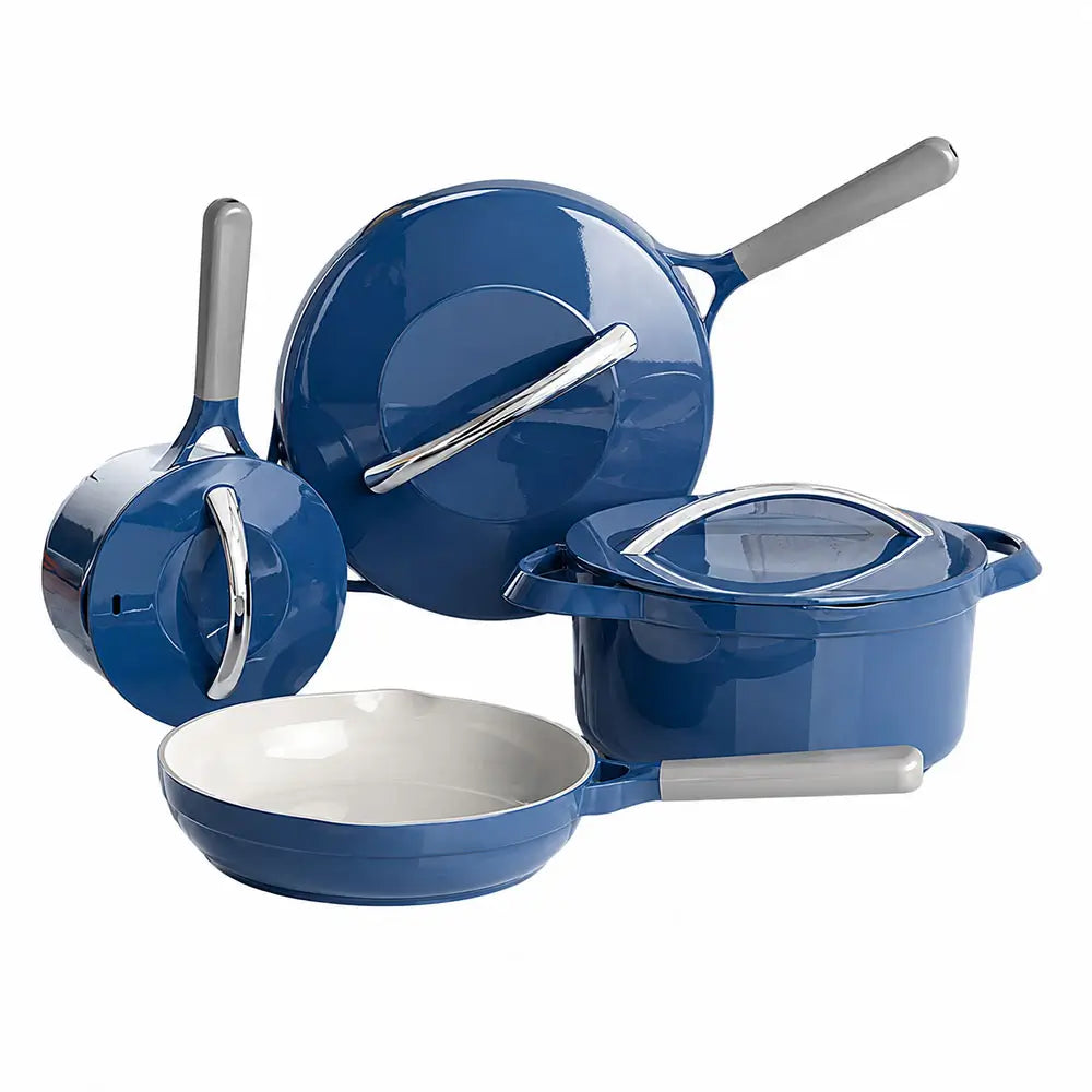 Blue ceramic cookware set with saucepan, frying pan, stockpot, and lids featuring ceramic interiors and gray handles.
