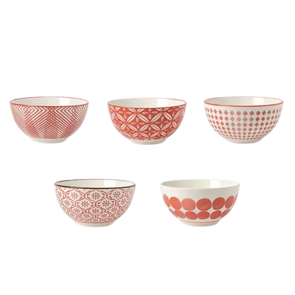 A set of 5 ceramic mixing bowls, each featuring a unique red pattern, showcasing a vibrant and stylish design.