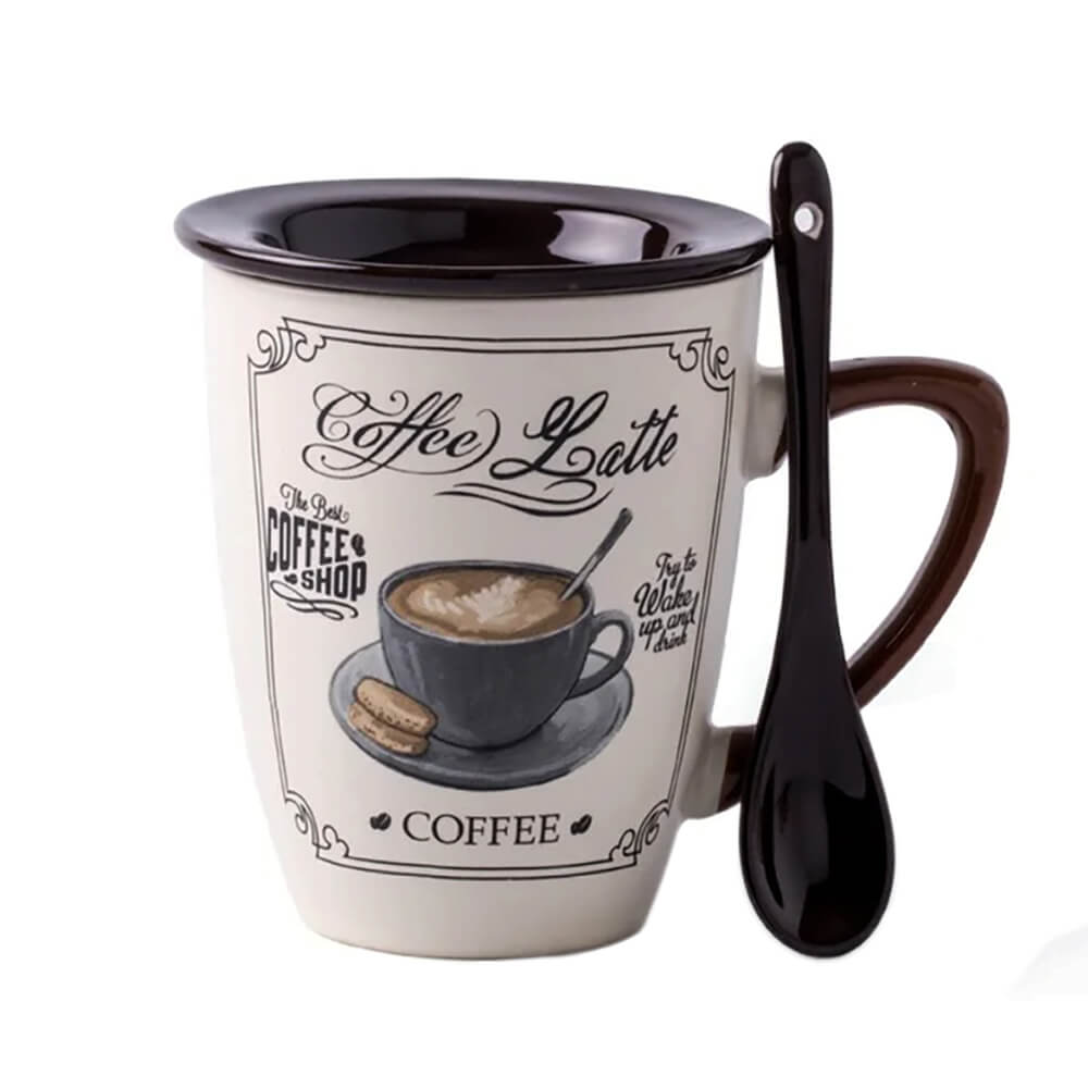 Ceramic mug with lid and handle featuring a vintage coffee latte design and a matching spoon resting on the handle.