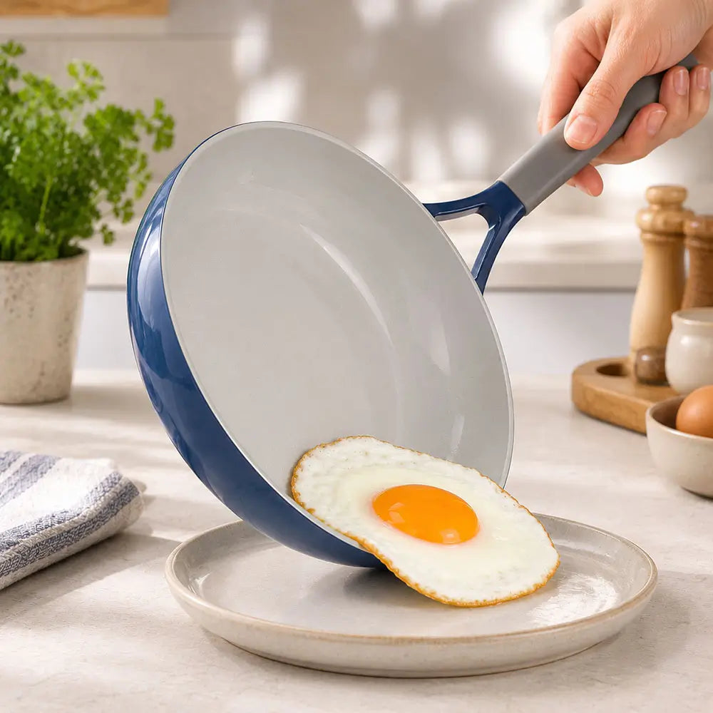 Person serving a fried egg from a blue ceramic non stick cookware set skillet onto a plate in a kitchen setting.