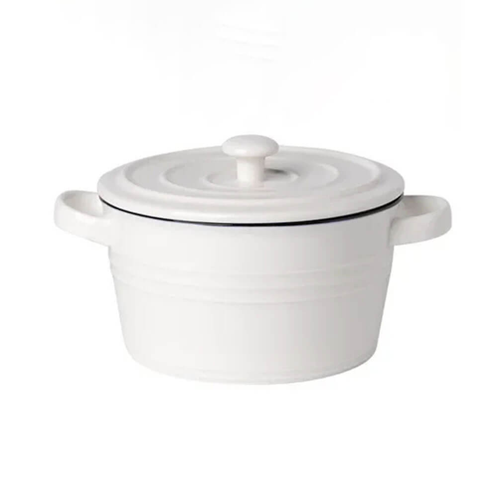White ceramic stockpot with lid and handles, perfect for cooking soups, stews, and slow-cooked meals.