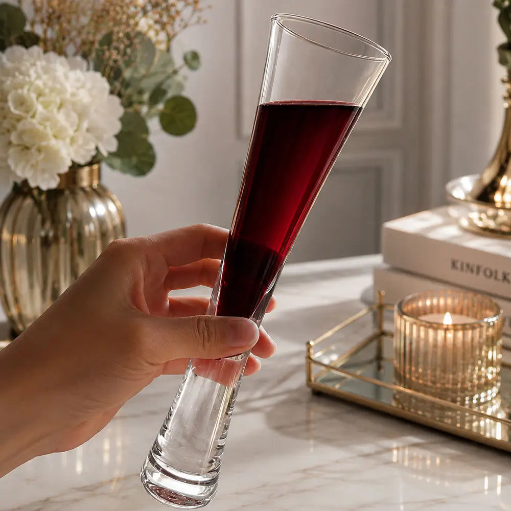 Hand holding one of the champagne flutes glass filled with red juice on a marble table with flowers, books and a candle.
