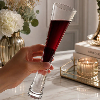 Hand holding one of the champagne flutes glass filled with red juice on a marble table with flowers, books and a candle.