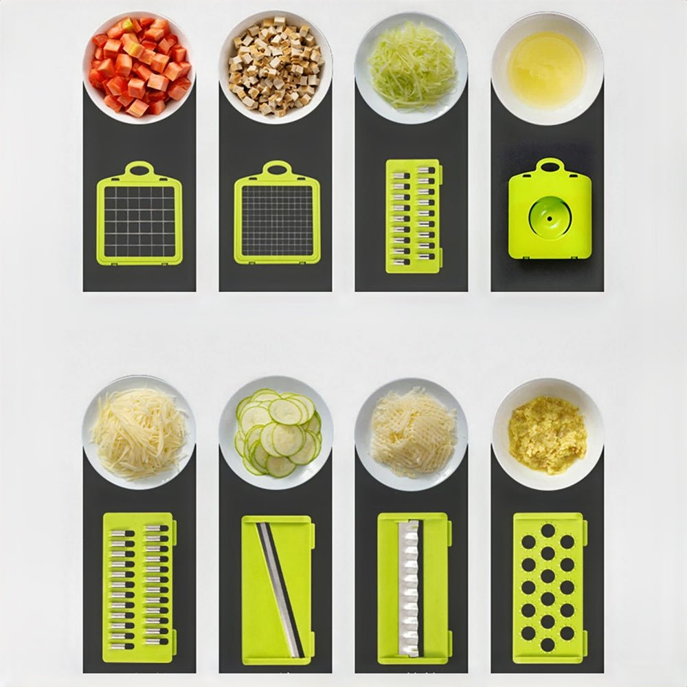 Cheese grater with 8 blades displaying various slice options for cheese and vegetables.