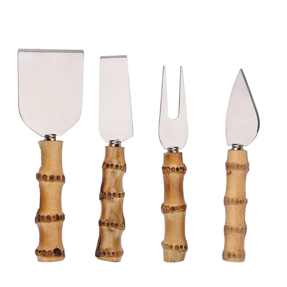 Cheese knives set with bamboo handles and mirror-polished blades, includes 4 essential pieces.