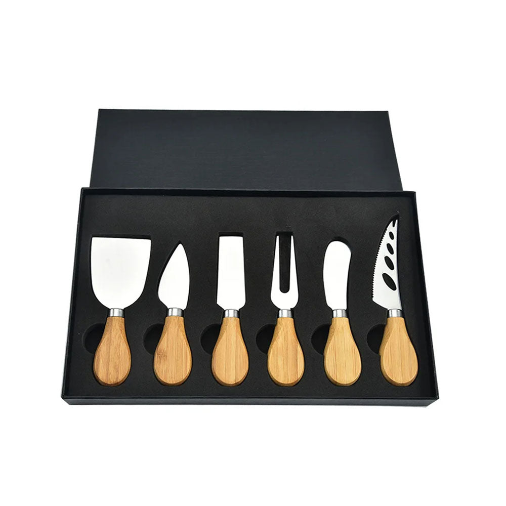 A sleek and elegant cheese knives set neatly presented in a black box. The set includes six knives with sharp stainless steel blades and natural bamboo handles, each designed for specific cheese tasks—cutting, slicing, spreading, and serving. The minimalist packaging and polished finish make it an excellent gift or a stylish addition to any dining setup.