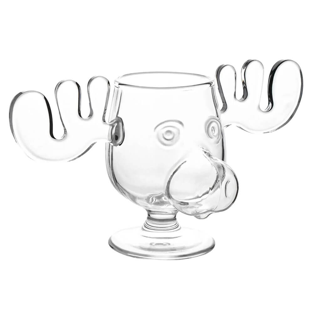 A clear glass from the Christmas Vacation Moose Mugs collection, featuring a whimsical moose design with prominent antlers as handles and a sculpted snout. The transparent glass highlights the detailed craftsmanship, making it a festive and unique drinkware option inspired by the holiday classic National Lampoon&